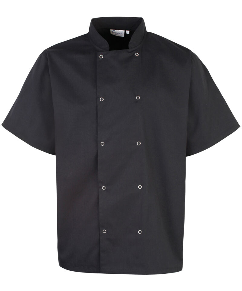 Studded front short sleeve chef's jacket Front View