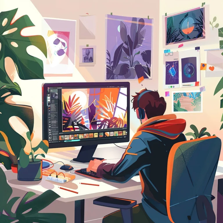 Illustration of a designer working on artwork at a computer