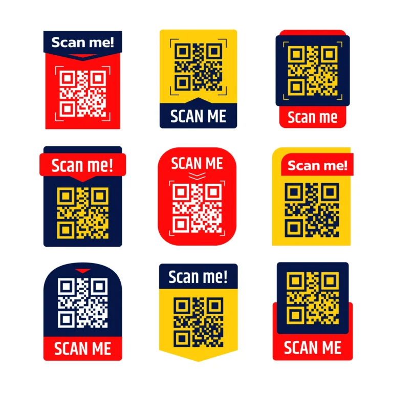 Examples of printed QR code stickers with Scan me labels