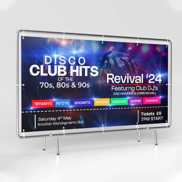 PVC event banner with eyelets on a stand