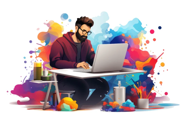 Illustration of a designer’s desk with a laptop and colourful paint