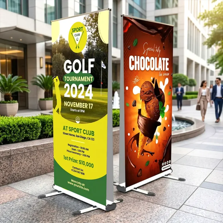 Heavy-duty double-sided roller banners outside a building