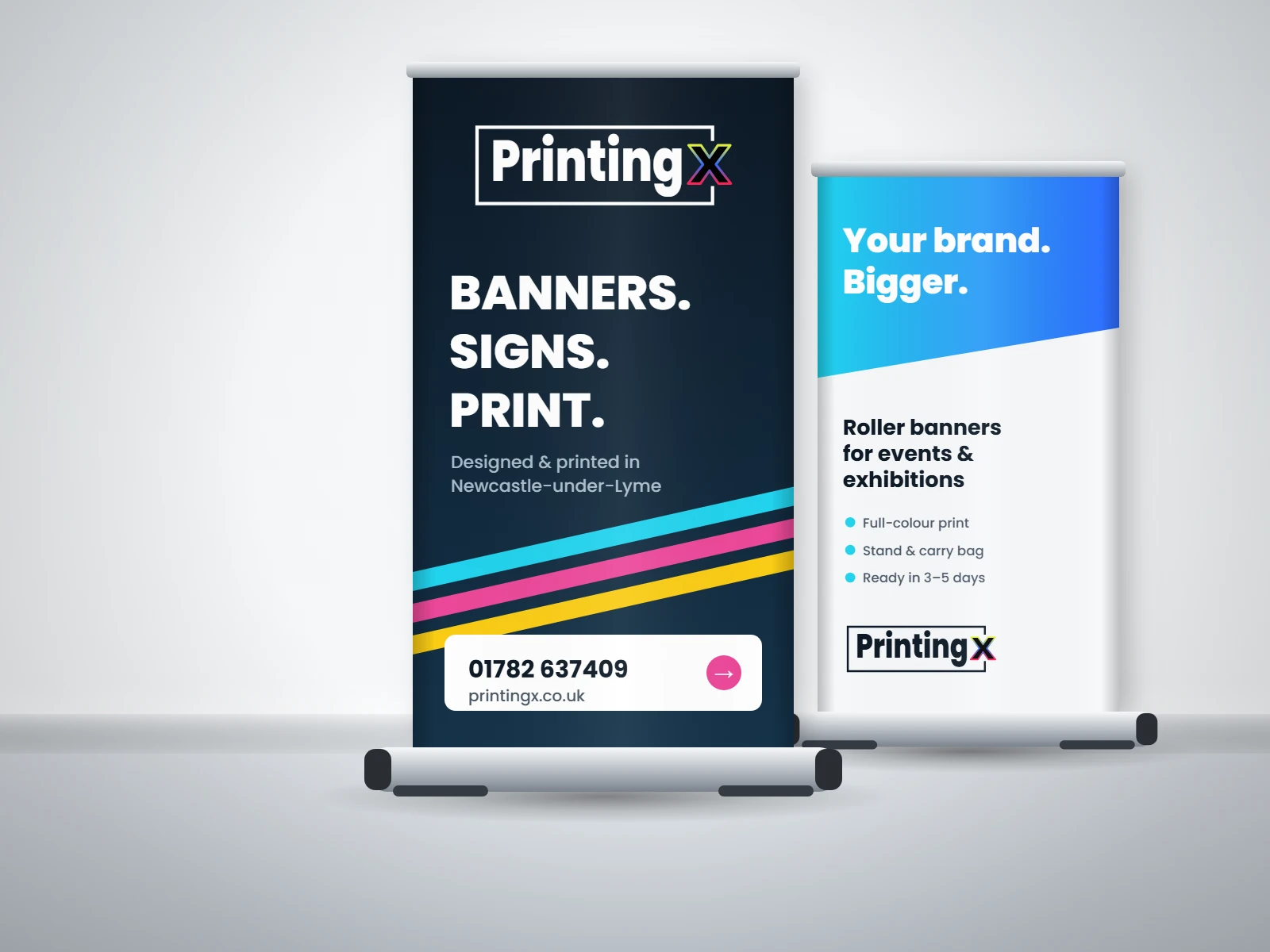 PrintingX roller banners on stands – design mockup