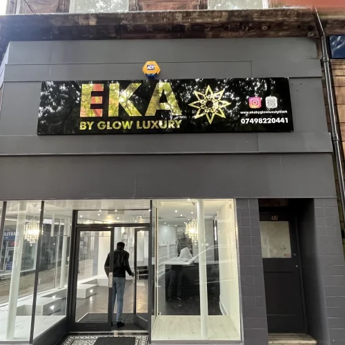 Illuminated shop fascia sign for EKA by Glow Luxury, made by PrintingX